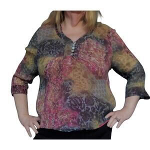 Coldwater Creek Size L (marked XL) Silk Blouse Pink Green Arm Tie Fairy Lined